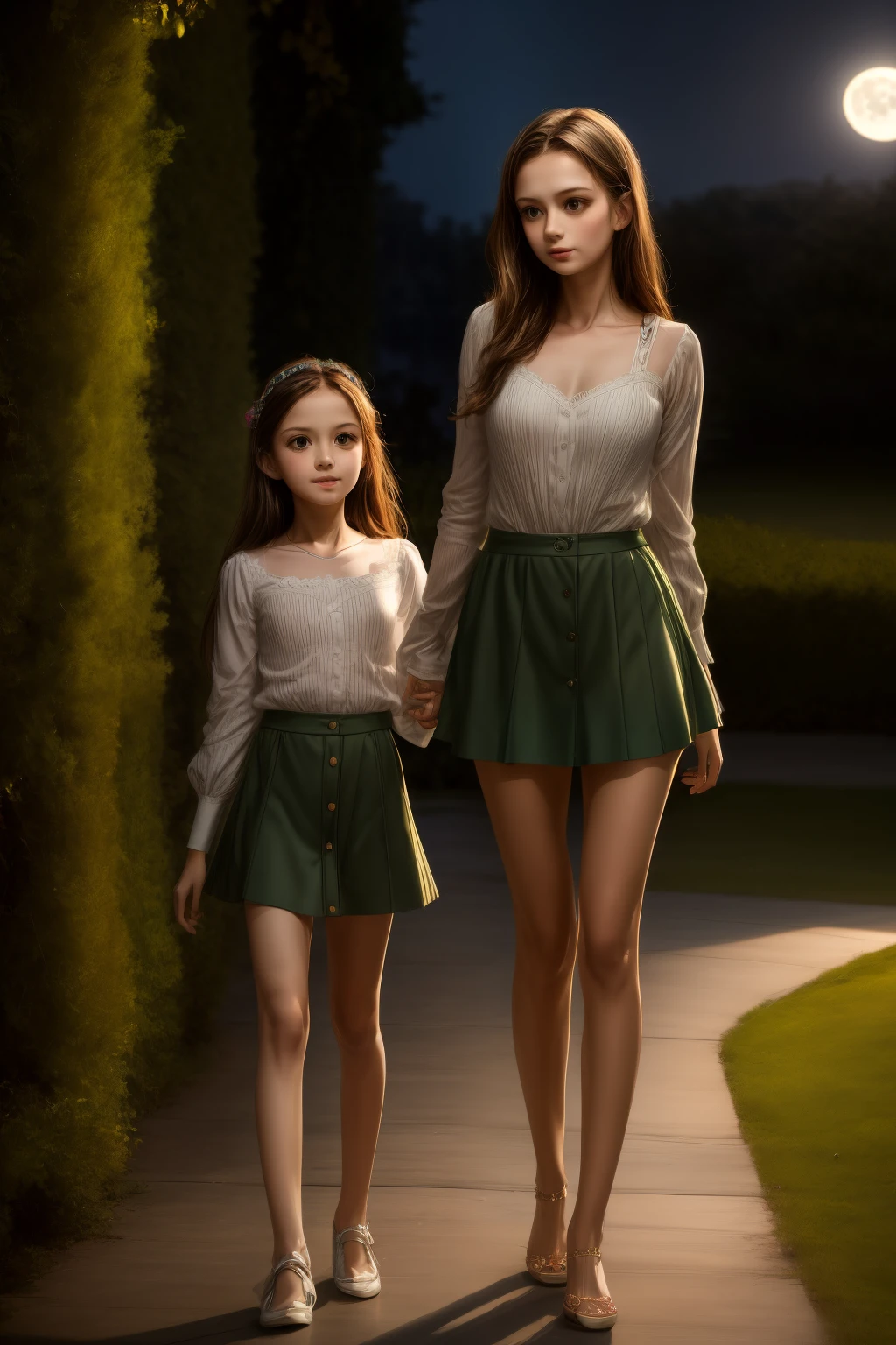 全圖性感全圖瘦媽媽 33 歲女子和 13 歲女兒在帕拉第奧別墅內, 穿著很短的迷你裙, 微型頂, 淺棕色頭髮和深綠色眼睛 . 電影般的, 月光, 夜晚,