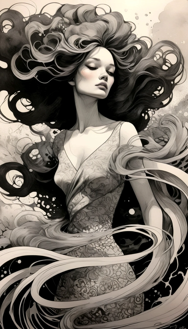 (best quality,ultra-detailed,realistic,ink drawing:1.2),wind-blown hair,woman,((Ashley Wood style)),female figure,expressive eyes,gently flowing dress,graceful pose,subtle shading,striking composition,dynamic lines,vibrant ink strokes,contrasting light and shadow,intricate details,artistic flair,monochrome palette,emotionally charged,subdued background,fine art quality,mesmerizing beauty,hint of mystery,atmospheric ambiance,whimsical elements,depth and texture,ethereal aura,sophisticated elegance,impeccable craftsmanship,skillful ink work,thought-provoking,imagination-stirring,unforgettable impression,ink on paper effect,organic and fluid,unique visual style,touched by artistic genius,intense and captivating,classic yet contemporary,visually stunning composition best quality,4k,8k,highres,masterpiece:1.2,ultra-detailed,photorealistic,advertising poster,mermaid,storm,monochromatic,harrowing,contrasting colors,dynamic lighting,water reflections,striking composition,dramatic atmosphere,mysterious concept