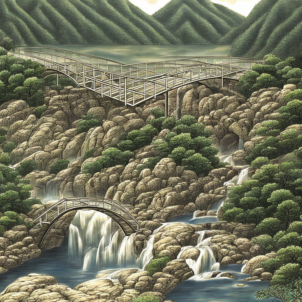 Semi-realistic drawing of a straight-style bridge with concrete walls on top of the bridge with a hollow checkerboard style, beneath the bridge there is a river of water. Two mountains with beautiful, low green vegetation surround the bridge and the river.