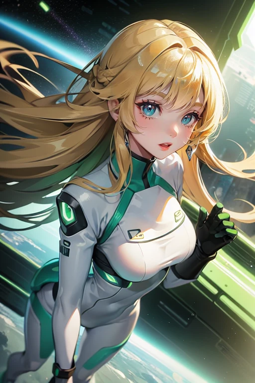 a thin woman with long blonde hair, GREEN eyes, sci-fi space suit. best quality, adorable, ultra-detailed, illustration, complex, detailed, extremely detailed, detailed face, soft light, soft focus, perfect face. illustration:full body