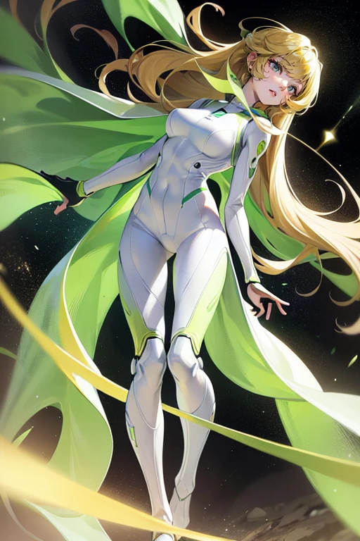 a thin woman with long blonde hair, GREEN eyes, sci-fi space suit. best quality, adorable, ultra-detailed, illustration, complex, detailed, extremely detailed, detailed face, soft light, soft focus, perfect face. illustration:full body