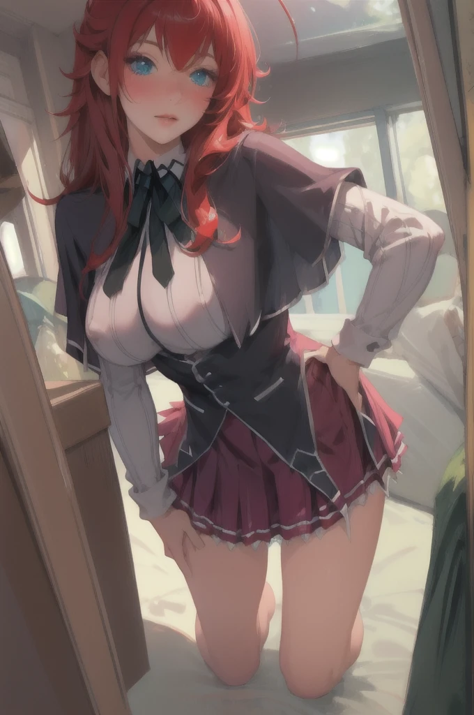 chef-d&#39;œuvre, meilleure qualité, haute qualité, haute résolution, en plein air, jour, haut du corps, regarder le spectateur, seulement, concentré, CASSER, Anime_DXD_rias_gremory_proprewaifu, 1fille, frange, cheveux longs, cheveux roux, seins, large seins, maquillage gremory, yeux bleus, cheveux entre les yeux, very cheveux longs, clavicule, prises de cheveux, hair over seins, capelet noir, Corset noir, collared chemise, Académie Kuoh , layered jupe, sous la poitrine, , jupe, chemise, manches longues, purple jupe, ruban, minijupe, neck ruban, hauts de cuisse, black ruban,
