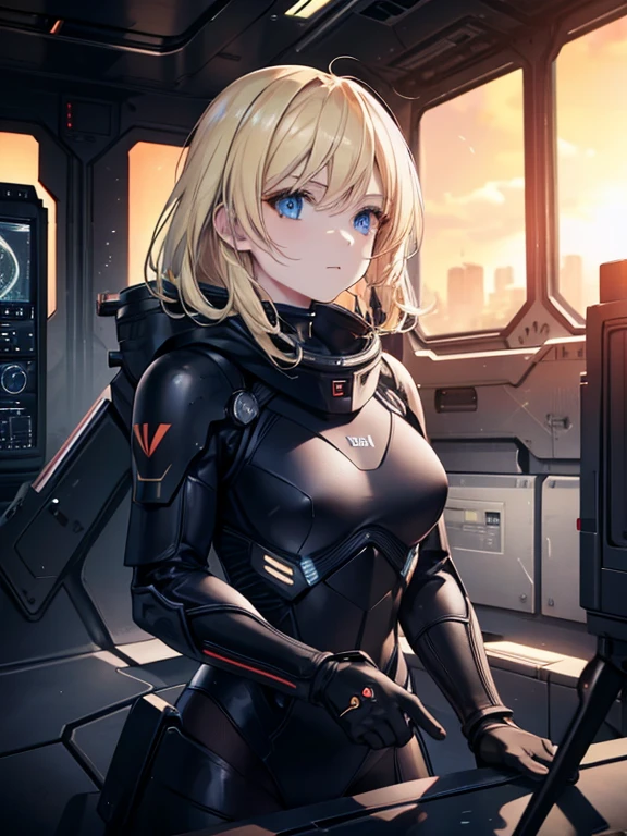 1 femme européenne en tenue de combat,beau visage détaillé,cheveux blond,Combinaison de combat noire, science-fiction,dans un vaisseau spatial,haute résolution,