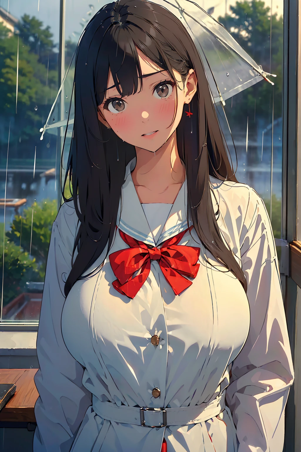 (masterpiece:1.6),(best quality:1.6), (ultra high res1.2),perfect proportion,(dark hair:1), ( black hair:1), (black eyes:1.1),(beautiful Busty breasts:1.5), (beautiful girl:1.4),18age, a girl,a beautiful girl, (medium bob hair:1.2),a sexy mole around the mouth,open mouth,(aroused:1.3), (embarrassed:1.3), blush,(Raincoat:1.1),(school uniform1),a red Checked bow tie, (upper body shot:1.1),Morning school hours, ((rain, rain降り:1.3)), Raincoatを着て, 