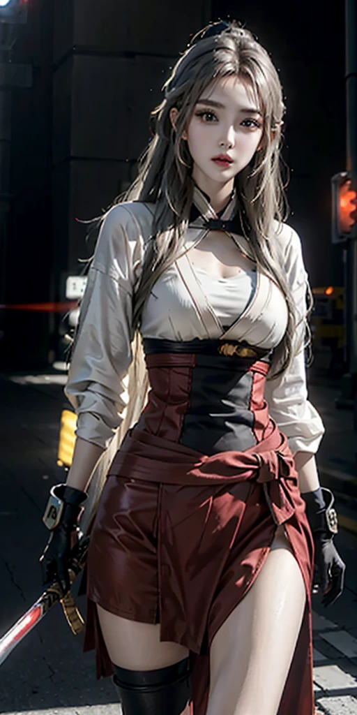 photorealistic, high resolution, soft light,1women, solo, hips up, (detailed face), red long hair, cybersamurai, cyborg, cyberpunk,  cyber armor, holding bow,glowing,on the street , kimono , katana