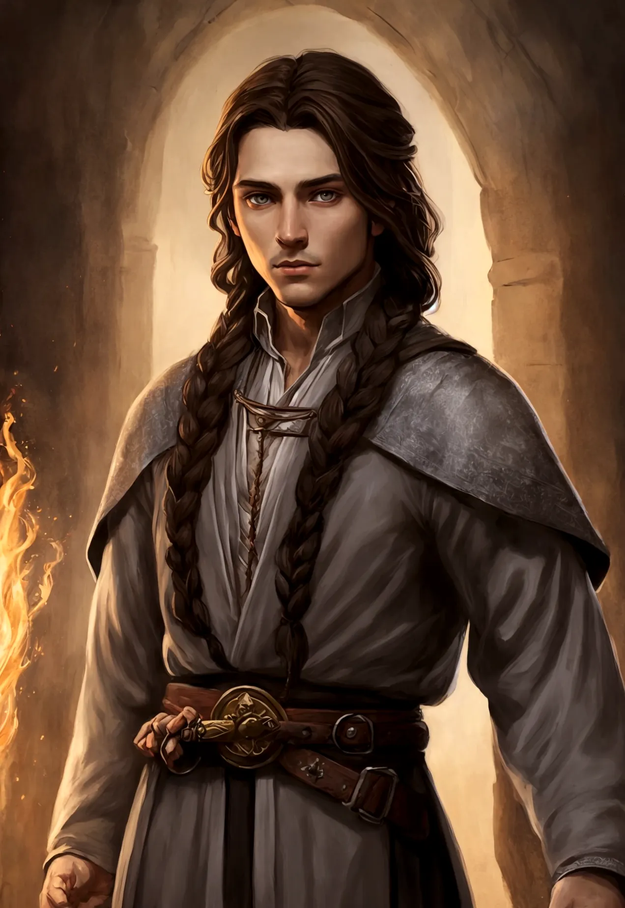 portrait art, young sorcerer, half a turn, brown hair with one waist-length braid, no beard, grey eyes, medieval era fantasy