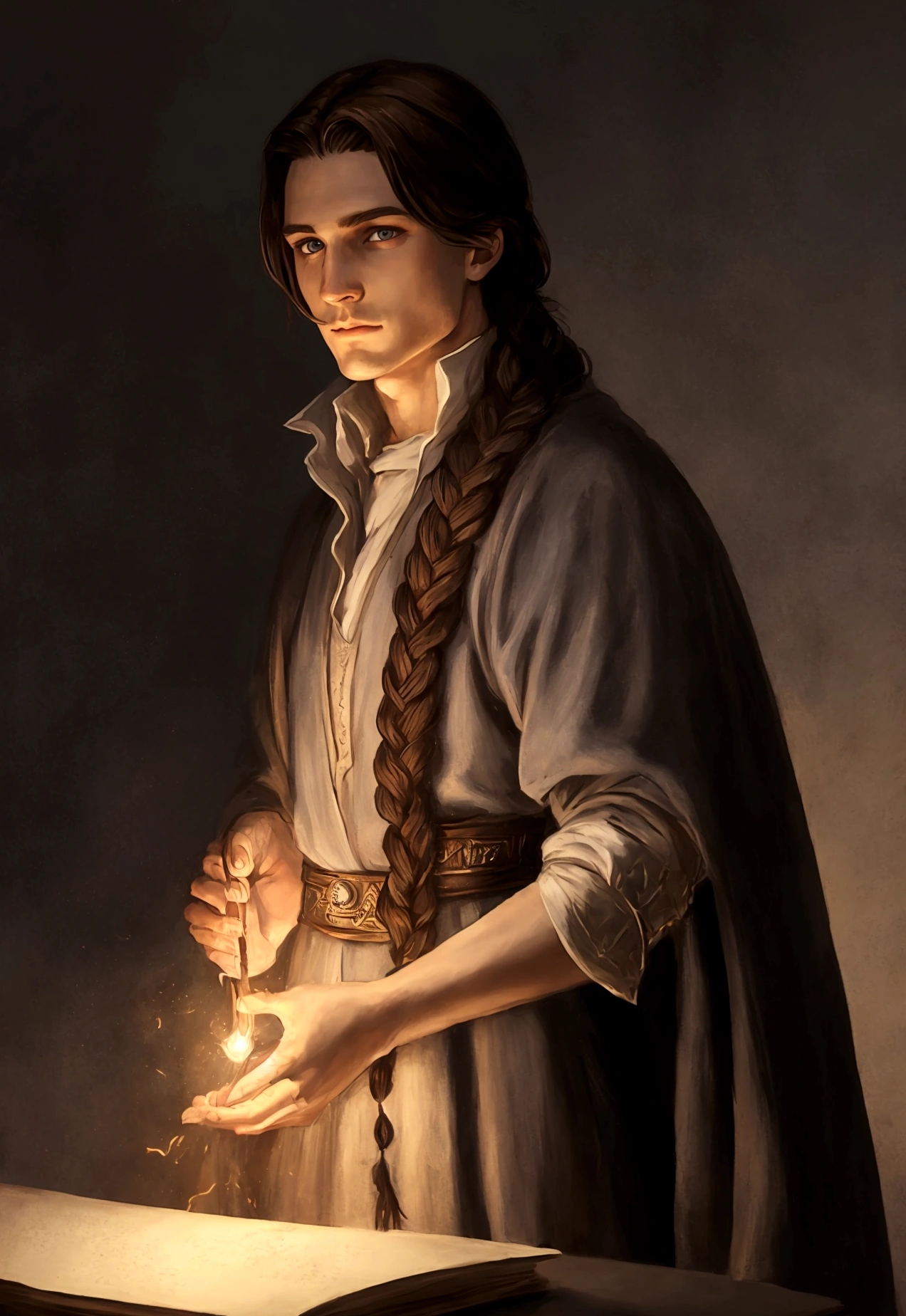 portrait art, young sorcerer, half a turn, brown hair with one waist-length braid, no beard, grey eyes, medieval era fantasy