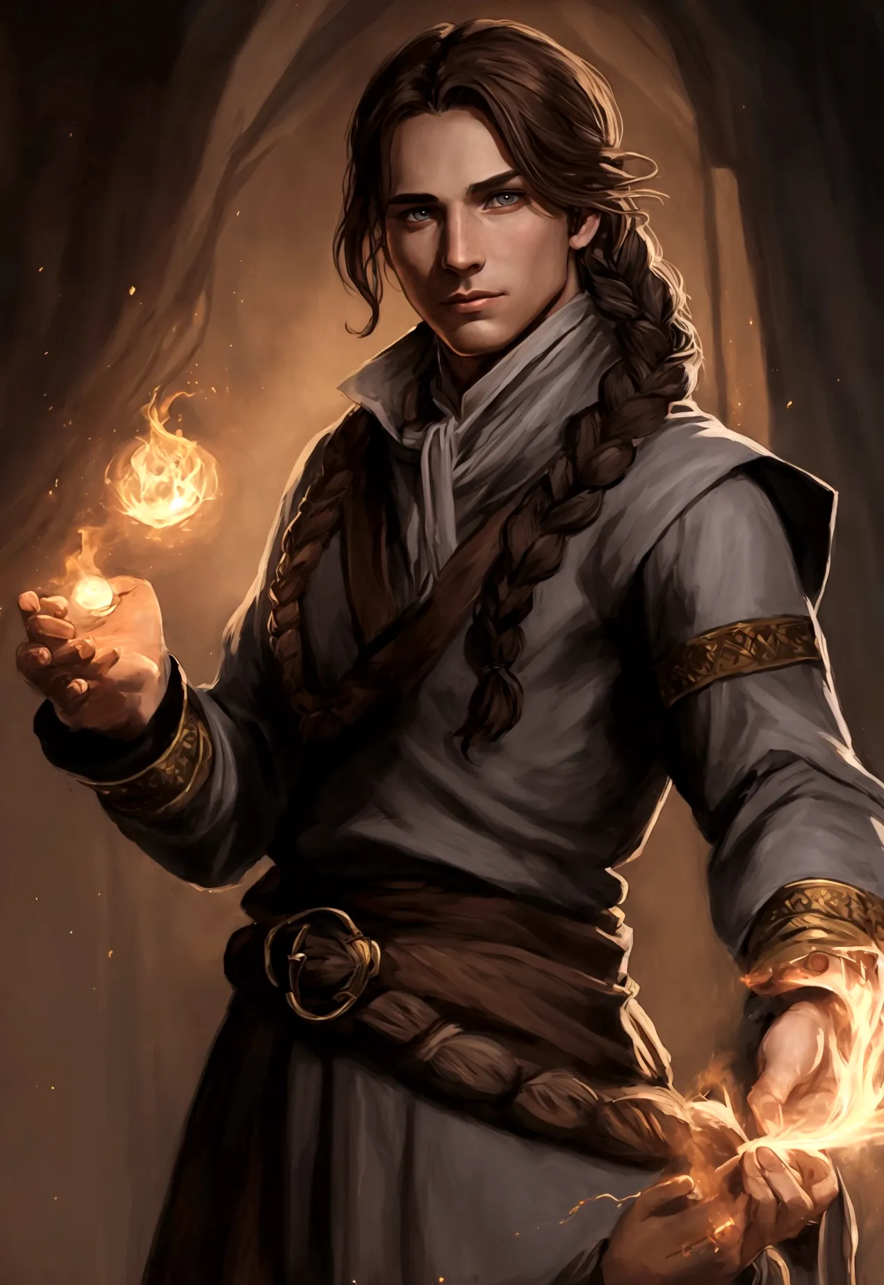 portrait art, young sorcerer, half a turn, brown hair with one waist-length braid, no beard, grey eyes, medieval era fantasy