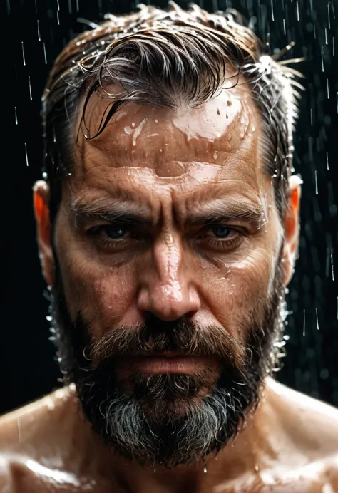 a documentary photography of a captivating portrait of a 43 years old bearded man,rain drop,amazing skin details. three-quarter ...