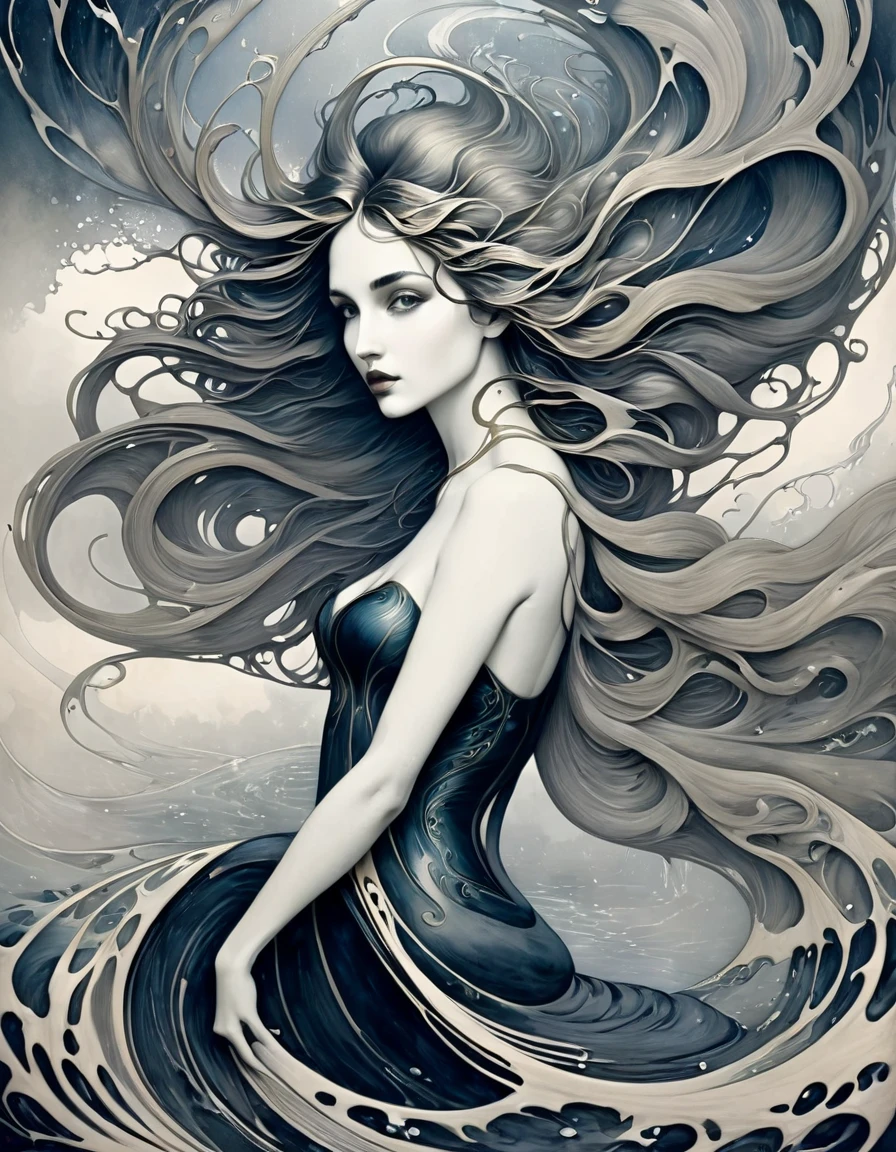 (best quality,ultra-detailed,realistic,ink drawing:1.2),wind-blown hair,woman,((Ashley Wood style)),female figure,expressive eyes,gently flowing dress,graceful pose,subtle shading,striking composition,dynamic lines,vibrant ink strokes,contrasting light and shadow,intricate details,artistic flair,monochrome palette,emotionally charged,subdued background,fine art quality,mesmerizing beauty,hint of mystery,atmospheric ambiance,whimsical elements,depth and texture,ethereal aura,sophisticated elegance,impeccable craftsmanship,skillful ink work,thought-provoking,imagination-stirring,unforgettable impression,ink on paper effect,organic and fluid,unique visual style,touched by artistic genius,intense and captivating,classic yet contemporary,visually stunning composition best quality,4k,8k,highres,masterpiece:1.2,ultra-detailed,photorealistic,advertising poster,mermaid,storm,monochromatic,harrowing,contrasting colors,dynamic lighting,water reflections,striking composition,dramatic atmosphere,mysterious concept