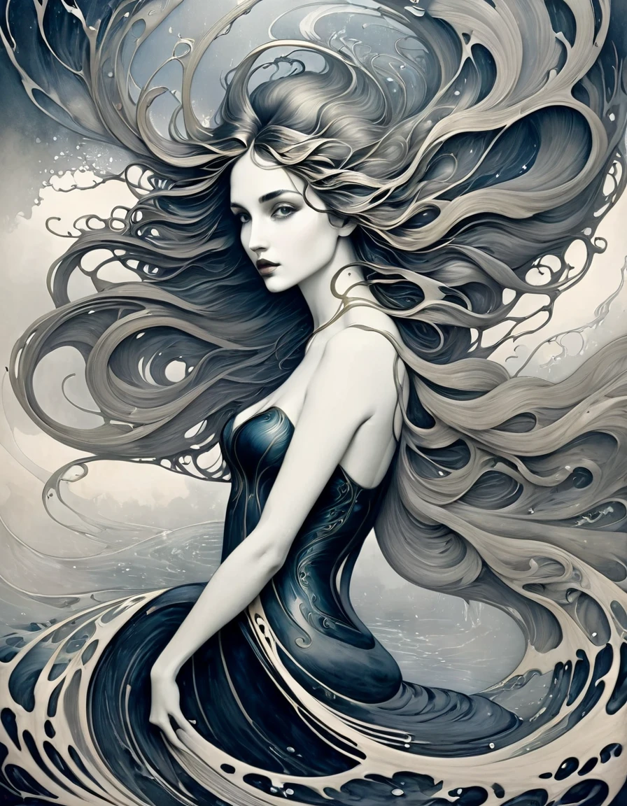 (mejor calidad,ultra detallado,Realista,dibujo a tinta:1.2),pelo arrastrado por el viento,mujer,((Estilo Ashley Wood)),figura femenina,ojos expresivos,vestido que fluye suavemente,pose elegante,sombreado sutil,composición sorprendente,líneas dinámicas,trazos de tinta vibrantes,contraste de luces y sombras,detalles intrincados,estilo artístico,paleta monocromática,cargado de emociones,fondo tenue,calidad de bellas artes,mesmerizing beauty,indicio de misterio,ambiente atmosférico,Elementos caprichosos,profundidad y textura,aura etérea,elegancia sofisticada,artesanía impecable,trabajo de tinta hábil,estimulante,agitando la imaginación,impresión inolvidable,efecto tinta sobre papel,organic and fluid,estilo visual único,tocado por el genio artístico,Intenso y cautivador,clásico pero contemporáneo,visually stunning composition mejor calidad,4k,8K,alta resolución,obra maestra:1.2,ultra detallado,photoRealista,Cartel publicitario,sirena,tormenta,monocromo,horroroso,colores contrastantes,iluminación dinámica,reflejos en el agua,composición sorprendente,atmósfera dramática,concepto misterioso