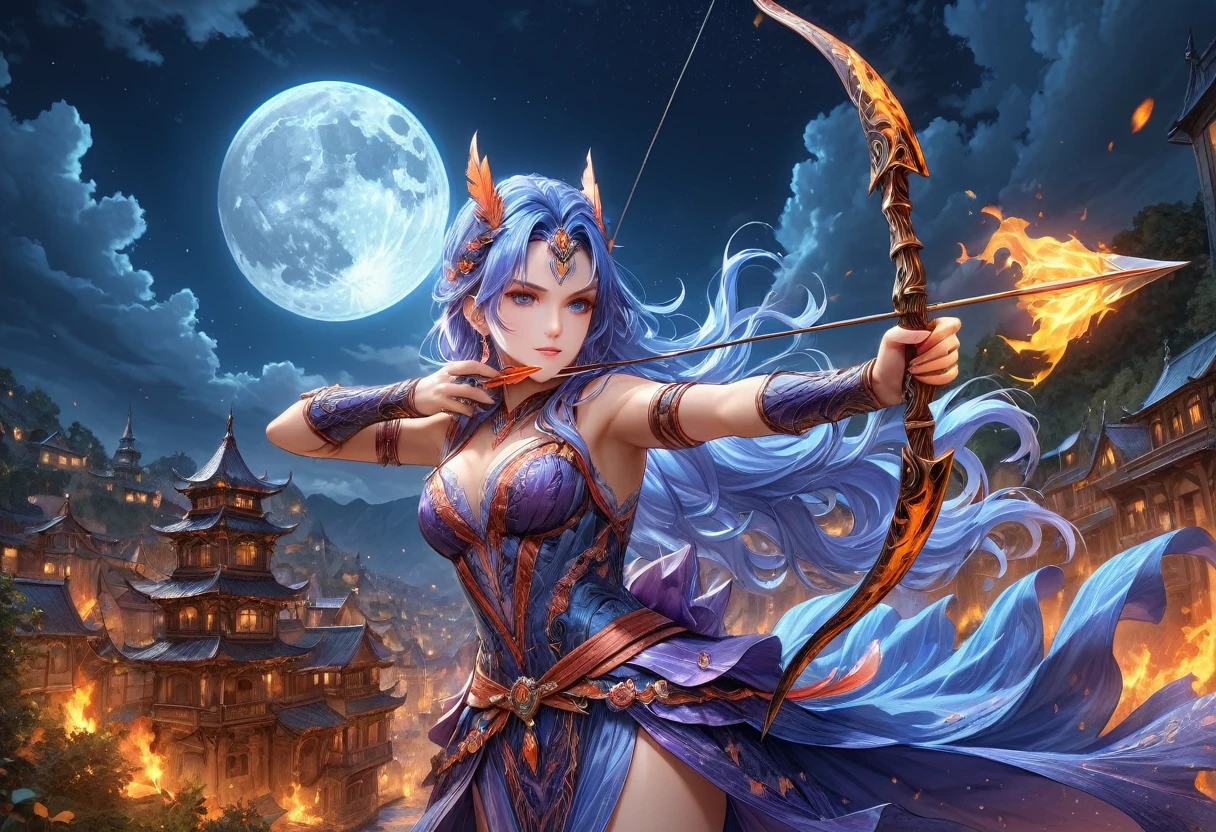 a picture of fire sorceress firing a flaming arrow from a magnificent epic bow, an (elite glamour beautiful: 1.2), fire sorceress, ultra detailed face,  perfect face, blue hair, long hair, wavy hair, wearing wild glamour dress, intricate dress, purple dress , with fire patterns on it, aiming an epic bow with a (diamond tip arrowhead: 1.3),  dynamic bow, sting drawn to the cheek , arrow ready to be shot, dynamic bow, sting drawn to the cheek , arrow ready to be shot, it is night, moon light, starry night, cloudy night,  high details, best quality, 16k, [ultra detailed], masterpiece, best quality, (extremely detailed), dynamic angle, full body shot, fantasy urban street at night bacground,  ,faize, firing and arrow, bow (weapon)