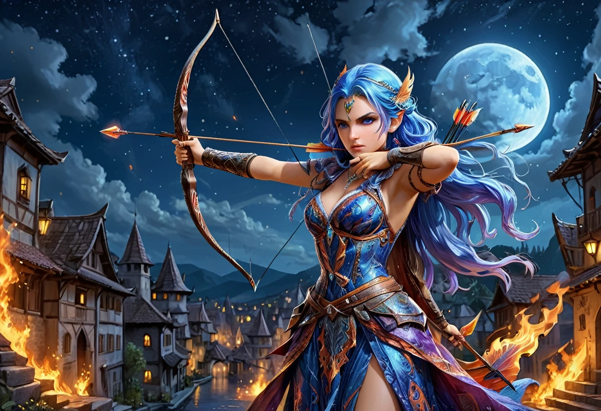 a picture of fire sorceress firing a flaming arrow from a magnificent epic bow, an (elite glamour beautiful: 1.2), fire sorceress, ultra detailed face,  perfect face, blue hair, long hair, wavy hair, wearing wild glamour dress, intricate dress, purple dress , with fire patterns on it, aiming an epic bow with a (diamond tip arrowhead: 1.4),  dynamic bow, sting drawn to the cheek , arrow ready to be shot, dynamic bow, sting drawn to the cheek , arrow ready to be shot, it is night, moon light, starry night, cloudy night,  high details, best quality, 16k, [ultra detailed], masterpiece, best quality, (extremely detailed), dynamic angle, full body shot, fantasy urban street at night bacground,  ,faize, firing and arrow, bow (weapon)