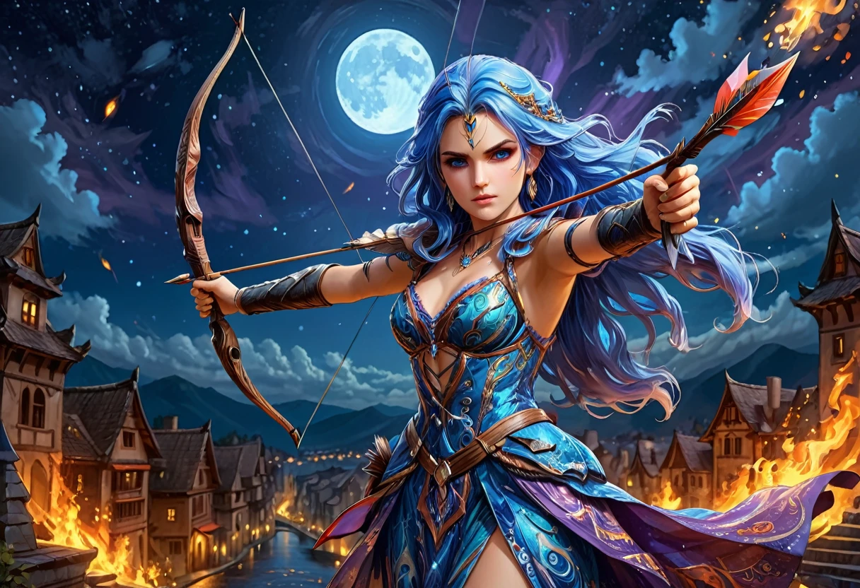 a picture of fire sorceress firing a flaming arrow from a magnificent epic bow, an (elite glamour beautiful: 1.2), fire sorceress, ultra detailed face,  perfect face, blue hair, long hair, wavy hair, wearing wild glamour dress, intricate dress, purple dress , with fire patterns on it, aiming an epic bow with a (diamond tip arrowhead: 1.4),  dynamic bow, sting drawn to the cheek , arrow ready to be shot, dynamic bow, sting drawn to the cheek , arrow ready to be shot, it is night, moon light, starry night, cloudy night,  high details, best quality, 16k, [ultra detailed], masterpiece, best quality, (extremely detailed), dynamic angle, full body shot, fantasy urban street at night bacground,  ,faize, firing and arrow, bow (weapon)