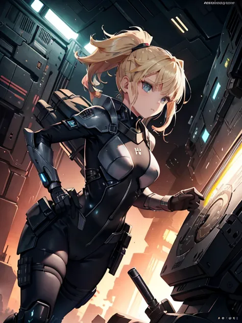1 european woman in combat clothes,detailed beautiful face,blonde hair,black battle suit, sci-fi,in spaceship,highres,