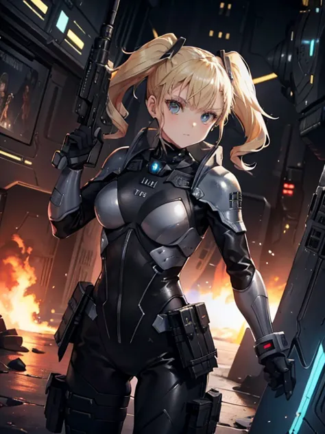 1 european woman in combat clothes,detailed beautiful face,blonde hair,black battle suit, sci-fi,in spaceship,highres,