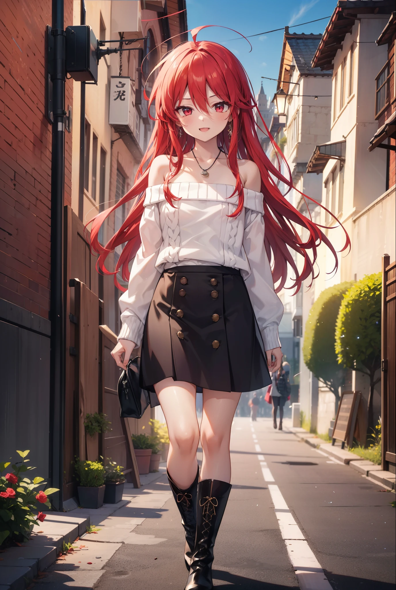 Shana,Shakugan pas Shana,cheveux longs, Roux, les yeux rouges,ahogé,happy sourire, sourire, Ouvrez la bouche,Pull oversize à épaules dénudées,Épaules nues,clavicule nue,Cou nu,collier médaillon,jupe longue noire,bottes courtes,jour,ensoleillé,marche,tout le corpsがイラストに入るように, casser outdoors, Quartier du bâtiment, casser looking at viewer, tout le corps, casser (chef-d&#39;œuvre:1.2), la plus haute qualité, haute résolution, unité 8k fond d&#39;écran, (forme:0.8), (Belle attention aux détails:1.6), Visage très détaillé, éclairage parfait, CG très détaillé, (des mains parfaites, Anatomie parfaite),