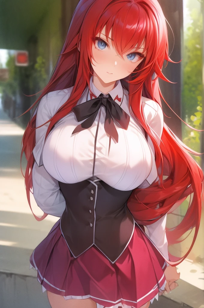 masterpiece, best quality, high quality, highres, outdoors, day, upper body, looking at viewer, solo, focused, BREAK, ANIME_DxD_Rias_Gremory_ownwaifu, 1girl, bangs, long hair, red hair, breasts, large breasts, rias gremory, blue eyes, hair between eyes, very long hair, collarbone, hair intakes, hair over breasts, black capelet, black corset, collared shirt, kuoh academy , layered skirt, underbust, , skirt, shirt, long sleeves, purple skirt, ribbon, miniskirt, neck ribbon, thighhighs, black ribbon,
