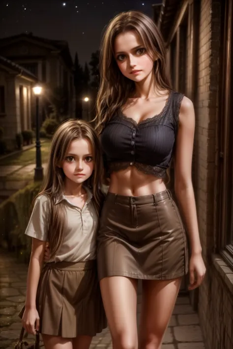 full figure sexy full figure skinny mom 33 years old woman whit 13 years old daughter at a inside a palladian villa, wearing very short miniskirt, micro top, light brown hair and dark green eyes . cinematic, moonlight, night,