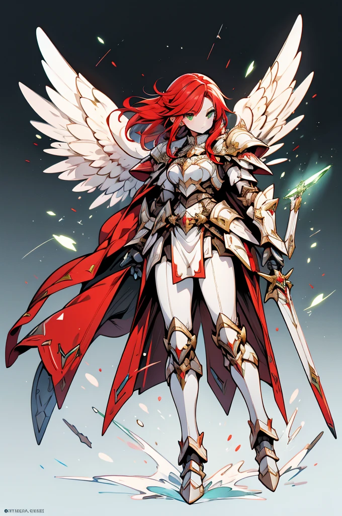 female archangel valkirie knight, full body art, red hair, white skin, emerald eye, knight full plate adorned armor, white cape, perfectly detailed, plasma wings.