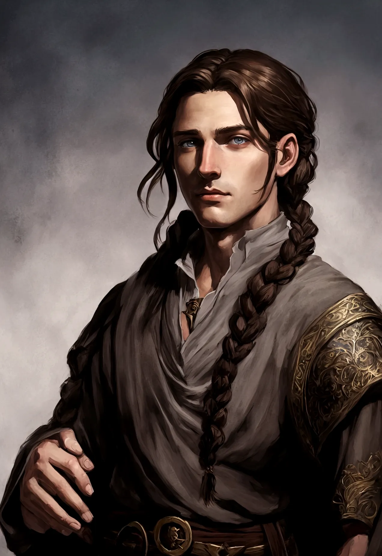 portrait art, young sorcerer, half a turn, brown hair with one waist-length braid, no beard, grey eyes, medieval era fantasy
