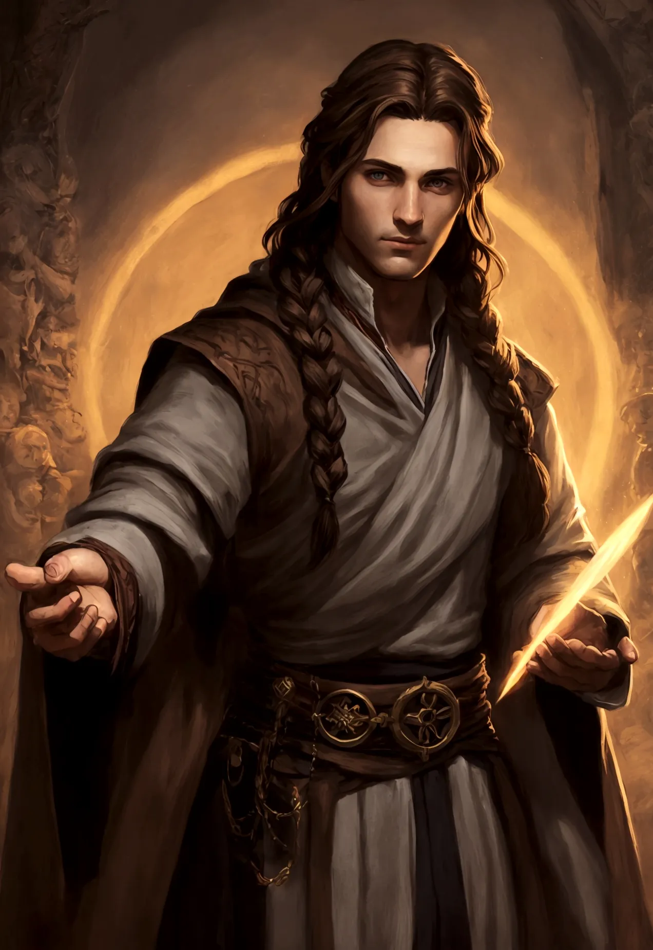 portrait art, young sorcerer, half a turn, brown hair with one waist-length braid, no beard, grey eyes, medieval era fantasy