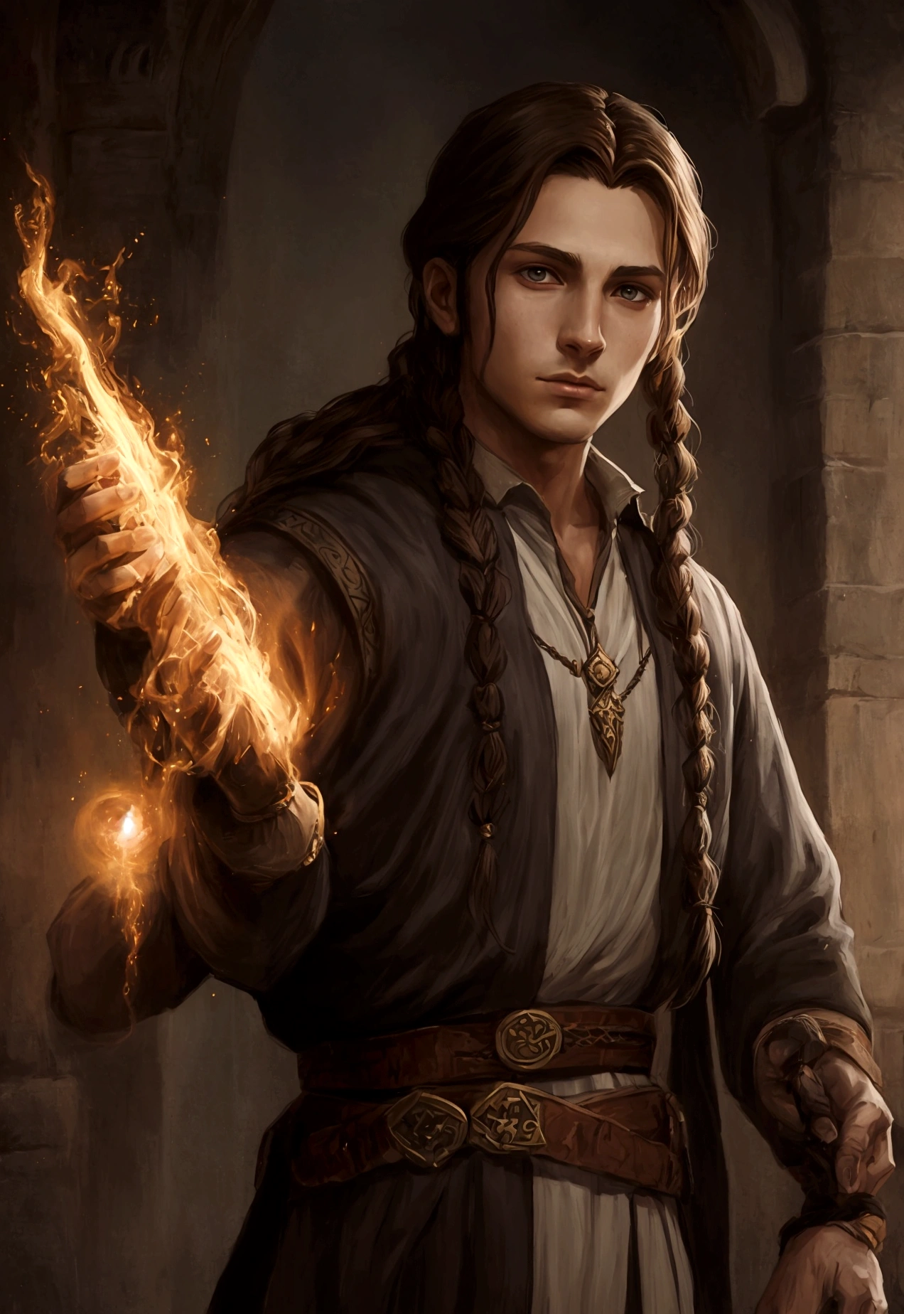 portrait art, young sorcerer, half a turn, brown hair with one waist-length braid, no beard, grey eyes, medieval era fantasy