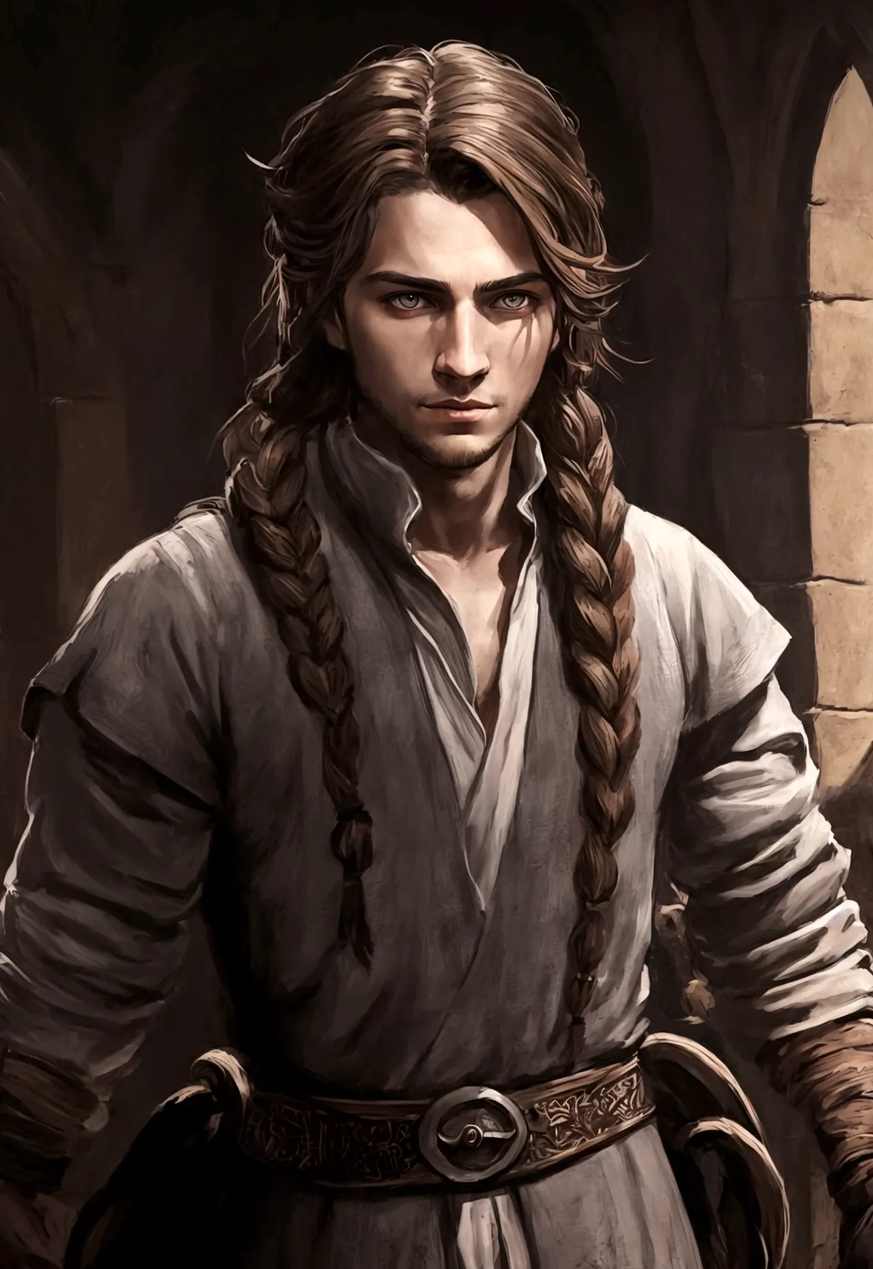 portrait art, young sorcerer, half a turn, brown hair with one waist-length braid, no beard, grey eyes, medieval era fantasy