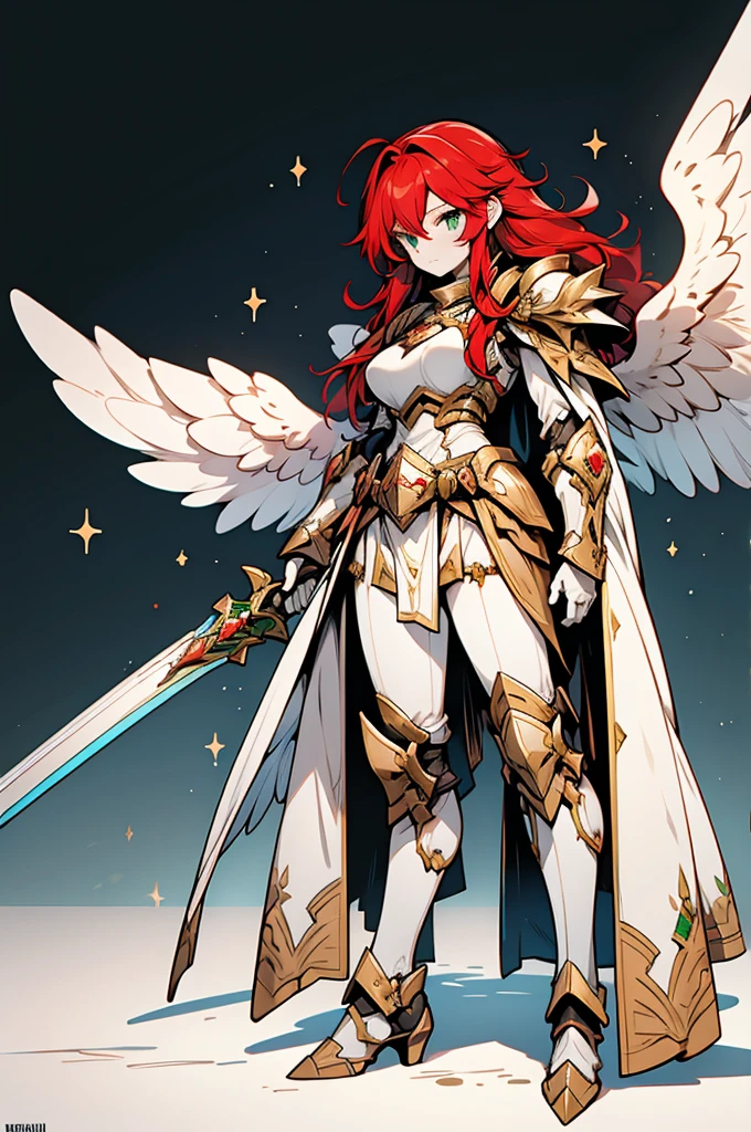 female archangel valkirie knight, full body art, red hair, white skin, emerald eye, knight full plate adorned armor, white cape, perfectly detailed, essence long wings.
