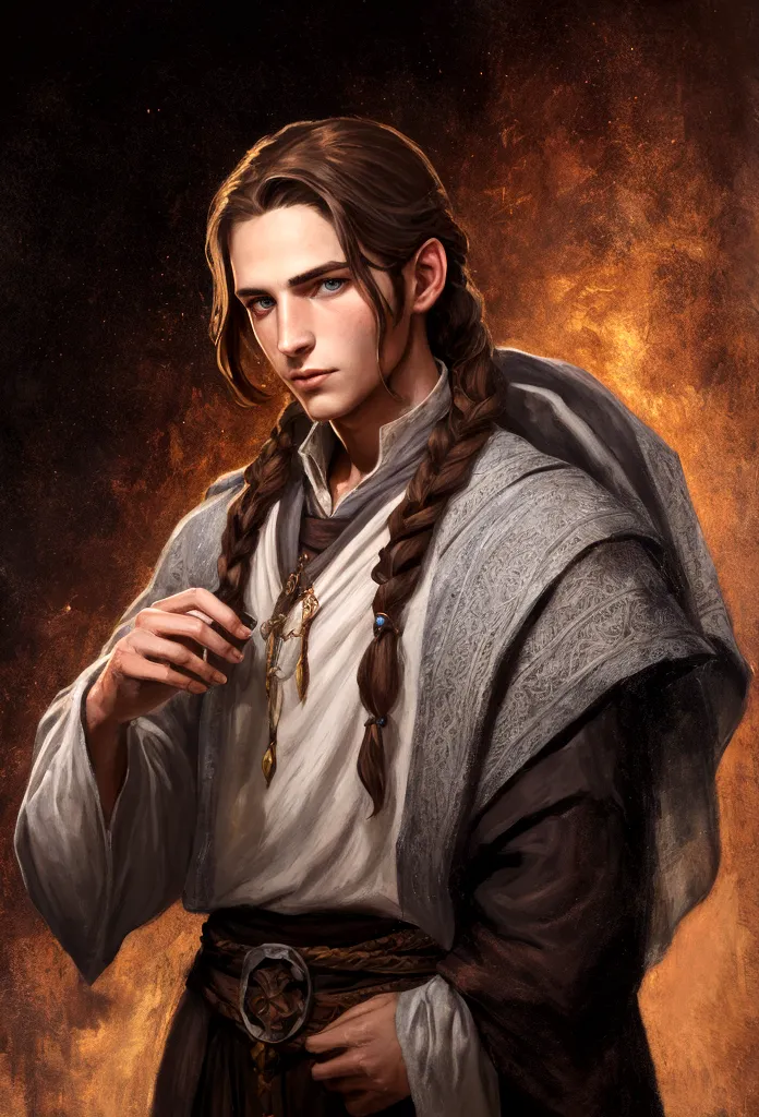 portrait art, young sorcerer, thin face, half a turn, brown hair with one waist-length braid, no beard, grey eyes, medieval era ...