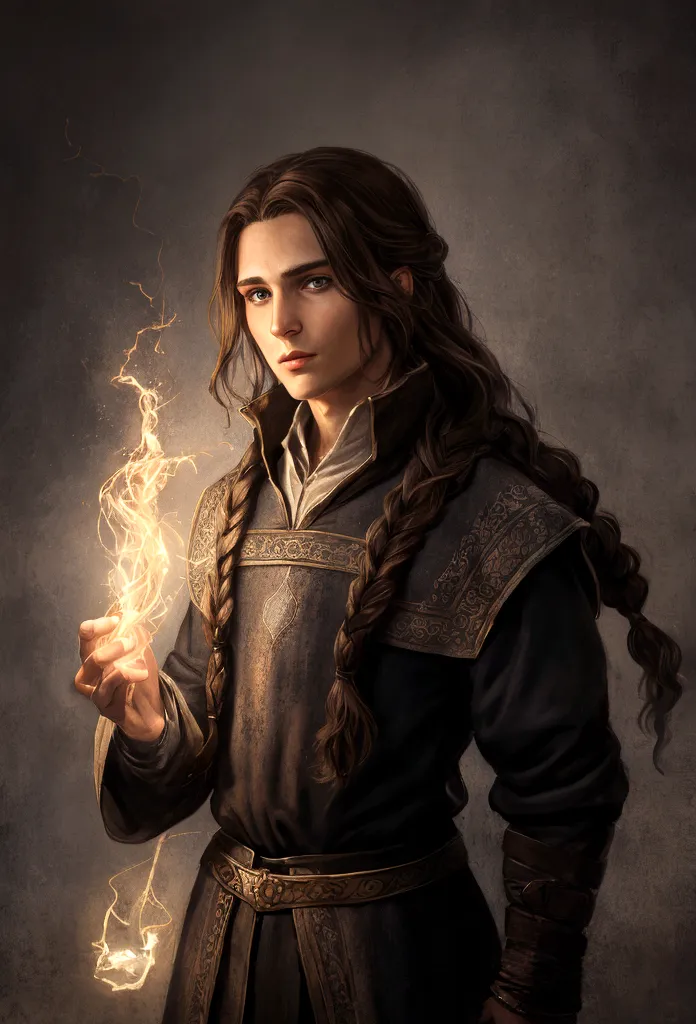 portrait art, young sorcerer, thin face, half a turn, brown hair with one waist-length braid, no beard, grey eyes, medieval era ...