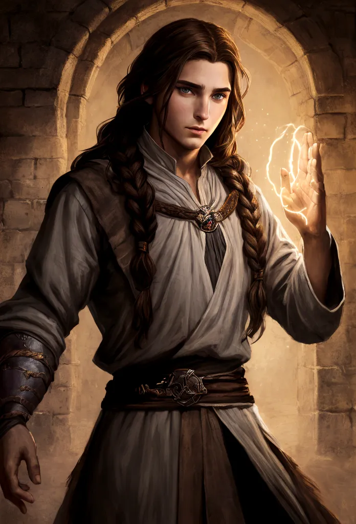 portrait art, young sorcerer, thin face, half a turn, brown hair with one waist-length braid, no beard, grey eyes, medieval era ...