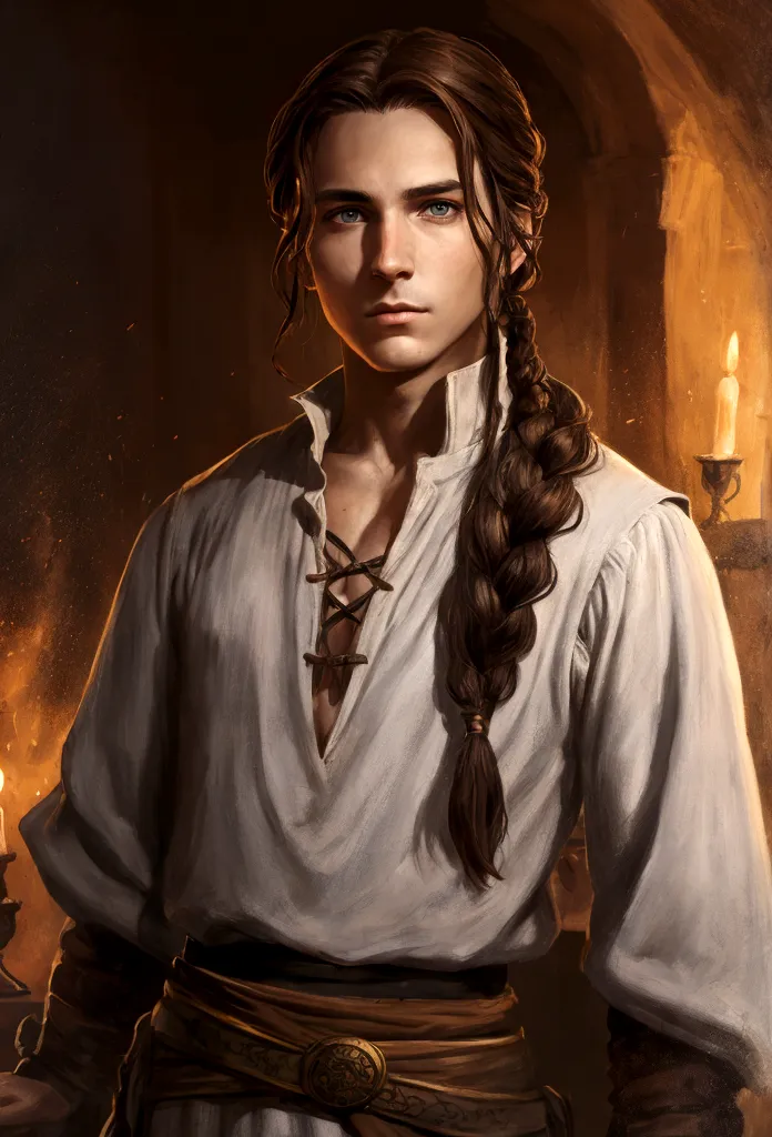 portrait art, young sorcerer, thin face, half a turn, brown hair with one waist-length braid, no beard, grey eyes, medieval era ...