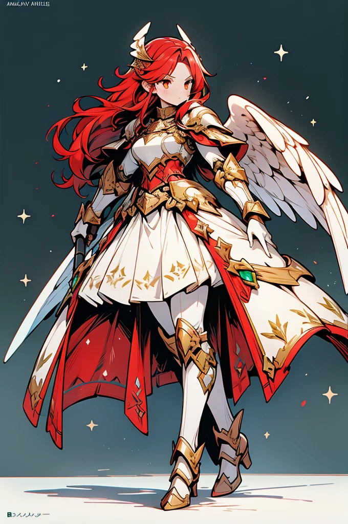 female archangel valkirie knight, full body art, red hair, white skin, emerald eye, knight full plate adorned armor, white cape, perfectly detailed, angel long adorned wings.