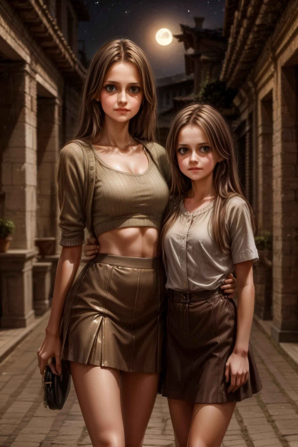 全圖性感全圖瘦媽媽 33 歲女子和 13 歲女兒在帕拉第奧別墅內, 穿著很短的迷你裙, 微型頂, 淺棕色頭髮和深綠色眼睛 . 電影般的, 月光, 夜晚,