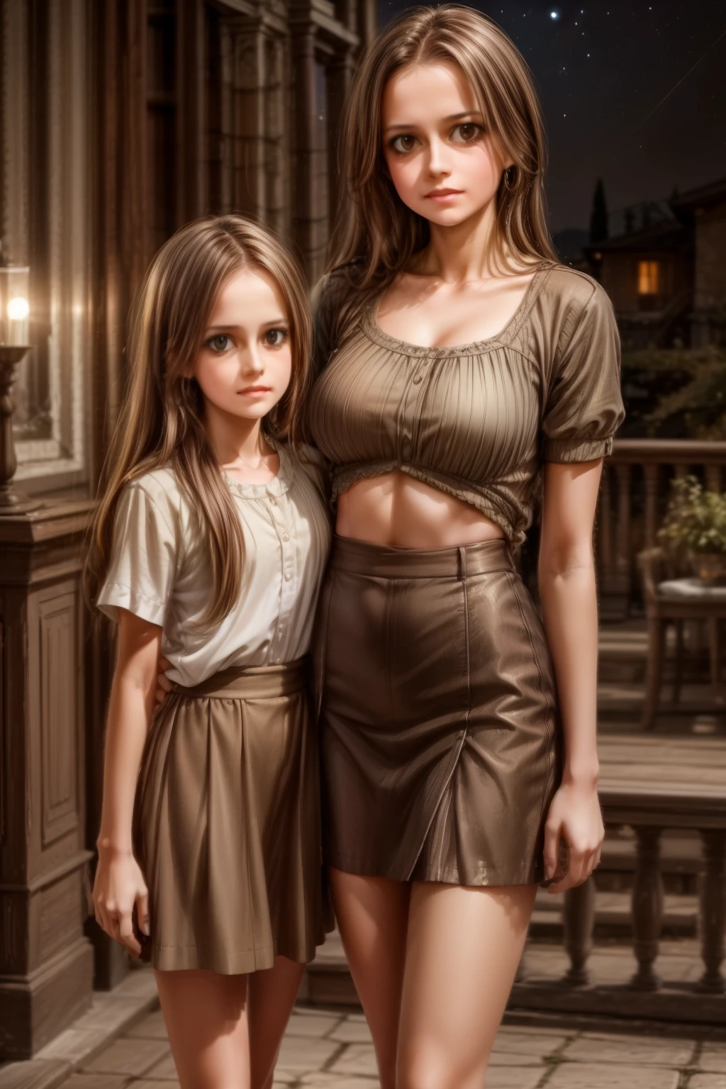 full figure sexy full figure skinny mom 33 years old woman whit 13 years old daughter at a inside a palladian villa, wearing very short miniskirt, micro top, light brown hair and dark green eyes . cinematic, moonlight, night,