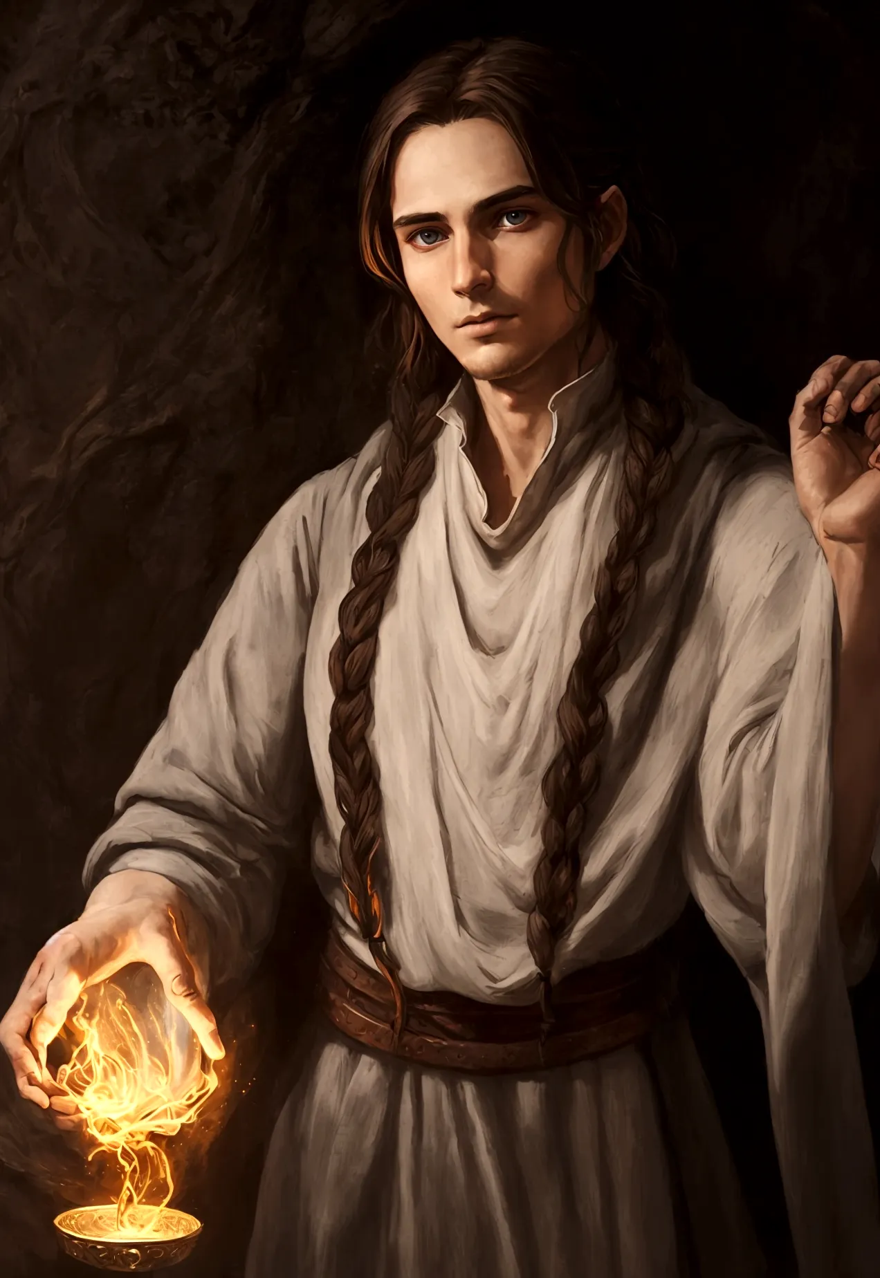 portrait art, young sorcerer, thin face, half a turn, brown hair with one waist-length braid, no beard, grey eyes, medieval era ...