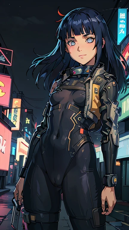 (8k),(masterpiece),(Japanese),(13-year-old girl),((innocent look)),((Childish)),From the front,smile,cute,Innocent,Kind eyes,Flat chest,Hairless vagina, no bra, no Panties,Cameltoe, Hyuga Hinata wearing Cyberpunk Bodysuit,Long,Hair blowing in the wind,Dark blue Hair,Strong wind,night,dark, Neon light cyberpunk Konoha village