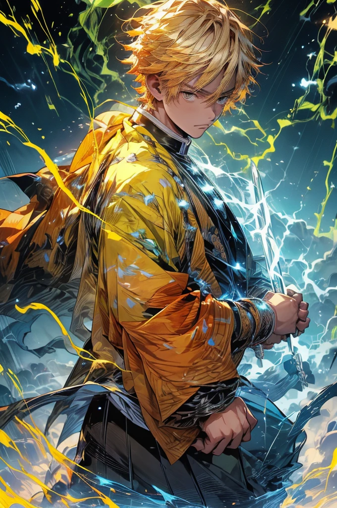 Zenitsu Agatsuma, a character from the Demon Slayer series, poised to draw his katana, a look of intense concentration in his eyes, gazing forward with nervous anticipation, slightly leaning forward, dressed in vibrant electric yellow attire, the atmosphere charged with lightning,