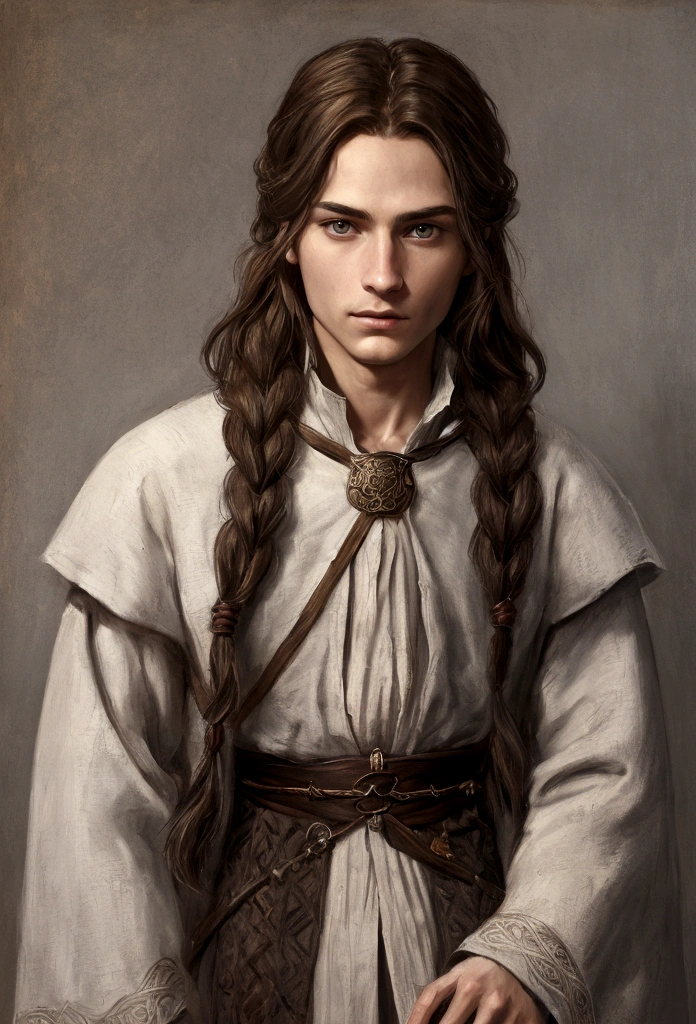 portrait art, young wizard, thin face, half a turn, brown hair with one waist-length braid, no beard, grey eyes, medieval era fantasy