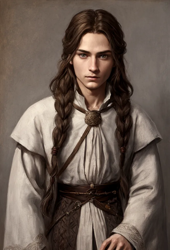 portrait art, young wizard, thin face, half a turn, brown hair with one waist-length braid, no beard, grey eyes, medieval era fa...