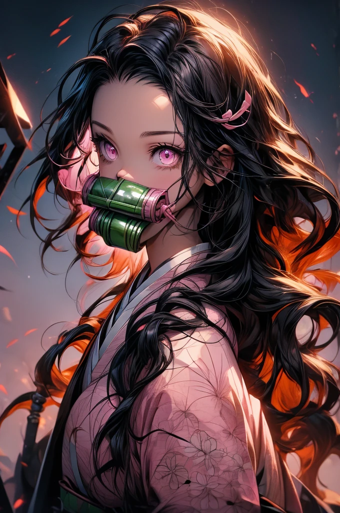 nezukokamado, nezuko kamado, bamboo, (bit gag:1.5), black hair, (forehead:1.5), gag, gagged, hair ribbon, long hair, multicolored hair, (pink eyes:1.5), orange hair, slit pupils, wavy hair, two-tone hair, BREAK asa no ha (pattern), checkered sash, haori, japanese clothes, kimono, long sleeves, obi, pink kimono, sash, wariza, wide sleeves, BREAK looking at viewer, BREAK indoors, BREAK (masterpiece:1.2), best quality, high resolution, unity 8k wallpaper, (illustration:0.8), (beautiful detailed eyes:1.6), extremely detailed face, perfect lighting, extremely detailed CG, (perfect hands, perfect anatomy),