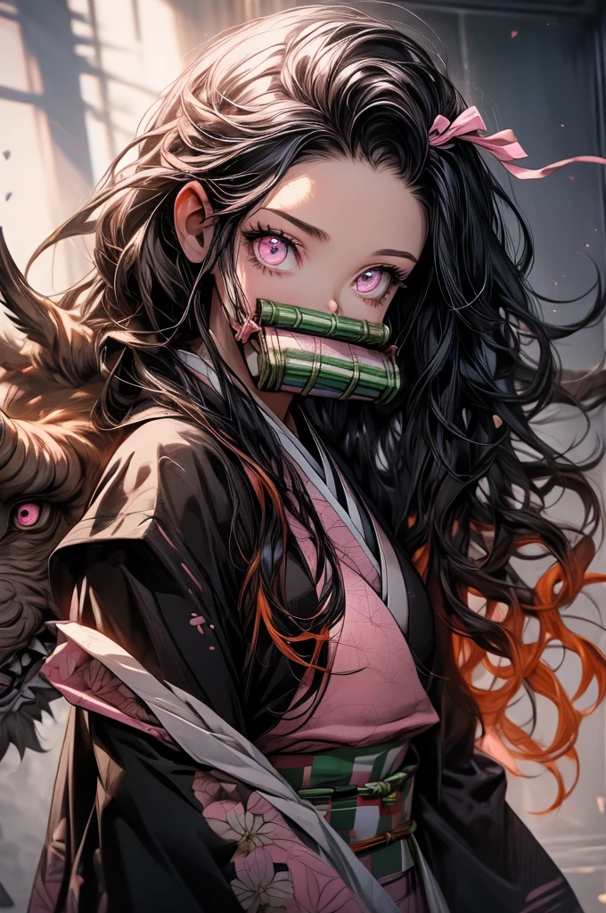 nezukokamado, nezuko kamado, bamboo, (bit gag:1.5), black hair, (forehead:1.5), gag, gagged, hair ribbon, long hair, multicolored hair, (pink eyes:1.5), orange hair, slit pupils, wavy hair, two-tone hair, BREAK asa no ha (pattern), checkered sash, haori, japanese clothes, kimono, long sleeves, obi, pink kimono, sash, wariza, wide sleeves, BREAK looking at viewer, BREAK indoors, BREAK (masterpiece:1.2), best quality, high resolution, unity 8k wallpaper, (illustration:0.8), (beautiful detailed eyes:1.6), extremely detailed face, perfect lighting, extremely detailed CG, (perfect hands, perfect anatomy),