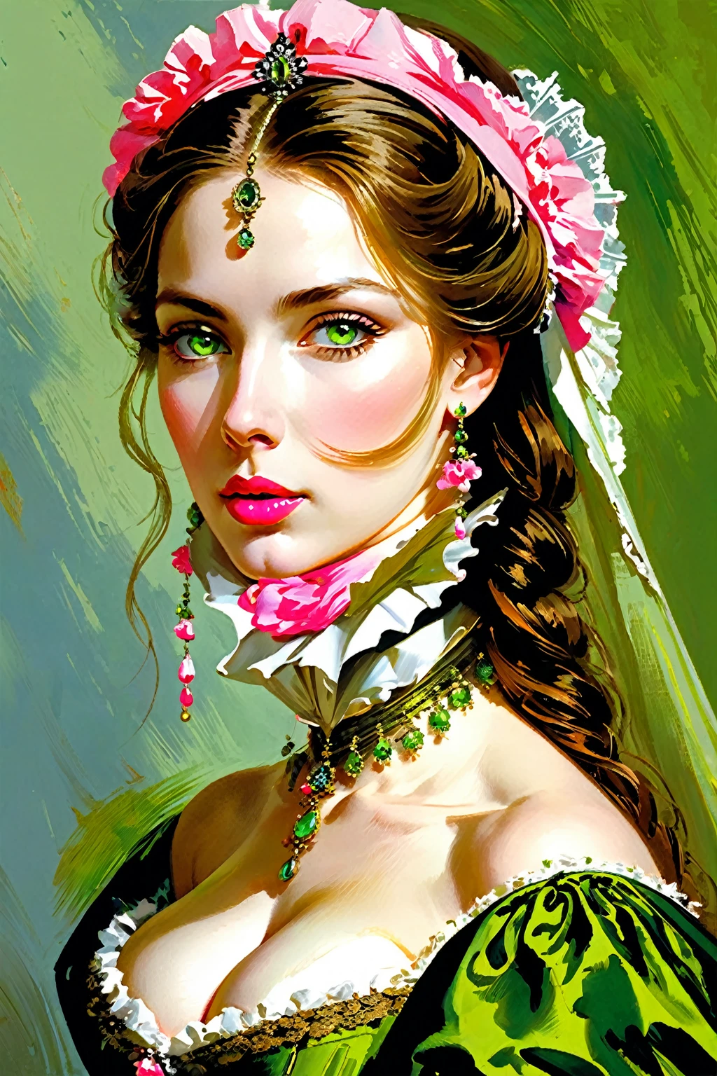 Victorian Hungarian women Women of the 17th century, Hazel hair, Pink lips, Nice feature, Wadim Kashin, james gurney, ink, Splash Art, Amazing beauty , Royo, after sexing, Super detailed splash art modern European ink oil painting, Mid gorgeous breasts, Gorgeous body, Acqua Green eyes, Blush, greg rutkowski.