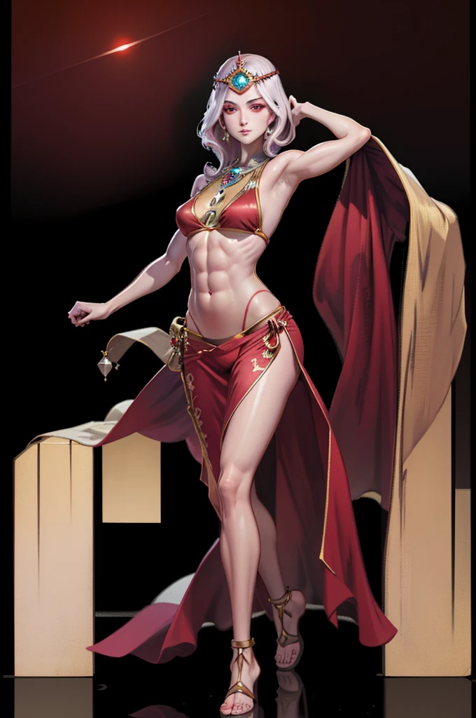 best quality, masterpiece, 1girl, perfect face, detailed eyes, perfect skin, looking to viewer, standing on 1leg wearing red bikini outfit, full body toe to head, barefeet, tiara, muscle tone body abs, navel, ARMS UP showing shaved armpits (hands behind head) red eyes, gem, circlet, jewelry, tiara (plain background)