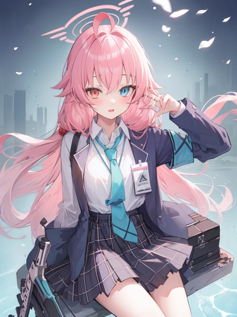 1girl, hoshino (blue archive), solo, heterochromia, pink hair, skirt, long hair, necktie, ahoge, shirt, halo, plaid skirt, blue eyes, plaid, looking at viewer, white shirt, sitting, orange eyes, chest harness, harness, long sleeves, id card, open mouth, very long hair, collared shirt, smile, blue necktie, bangs, feet out of frame, between legs, hand between legs, blush, hair between eyes, highres,masterpiece, best quality