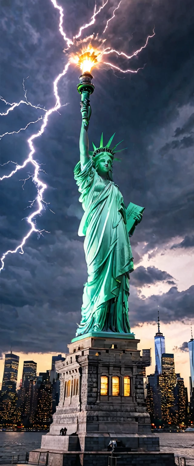 Crystal Cloud, Atmospheric perspective、Dark Clouds、Statue of Liberty in New York、Lightning strikes the torch of the goddess statue、New York skyscrapers can be seen in the background、Shooting with a wide-angle lens, 8K, Super detailed, Accurate, Highest quality, lightning、Clear images、High color reproducibility、Attention to detail、Live Action、Fascinating、