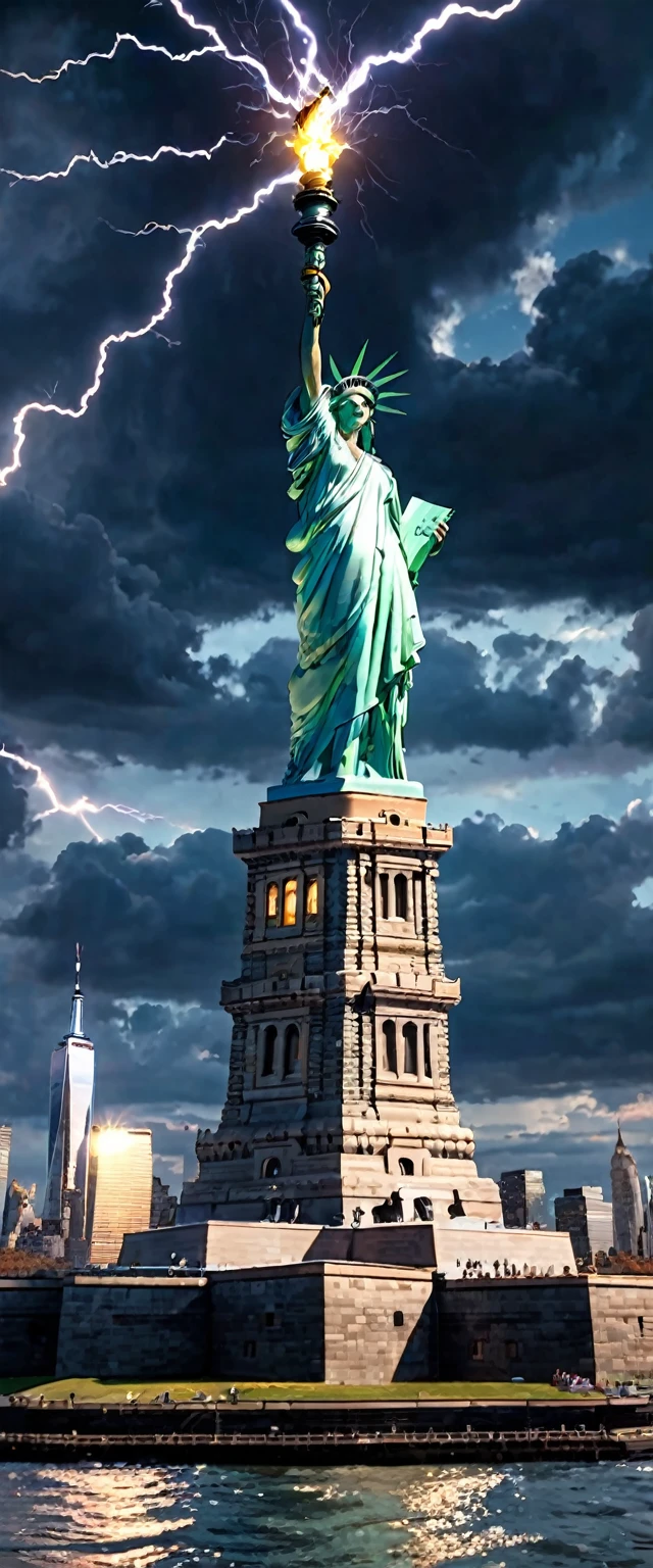 Crystal Cloud, Atmospheric perspective、Dark Clouds、Statue of Liberty in New York、Lightning strikes the torch of the goddess statue、New York skyscrapers can be seen in the background、Shooting with a wide-angle lens, 8K, Super detailed, Accurate, Highest quality, lightning、Clear images、High color reproducibility、Attention to detail、Live Action、Fascinating、