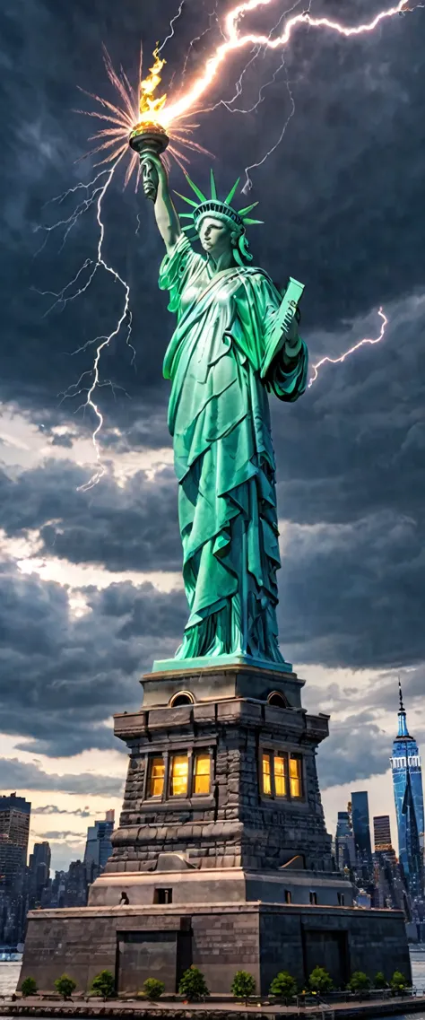 crystal cloud, atmospheric perspective、dark clouds、statue of liberty in new york、lightning strikes the torch of the goddess stat...