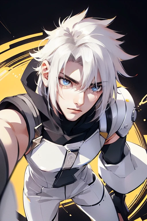 1 male (tall man, slim, manly, dominate,  white messy hair, yellow eyes, tough, wearing a sci-fi space outfit.) best quality, ultra-detailed, illustration, complex, detailed, extremely detailed, detailed face, soft light, soft focus, perfect face, illustration, full body pose, tight outfit. 